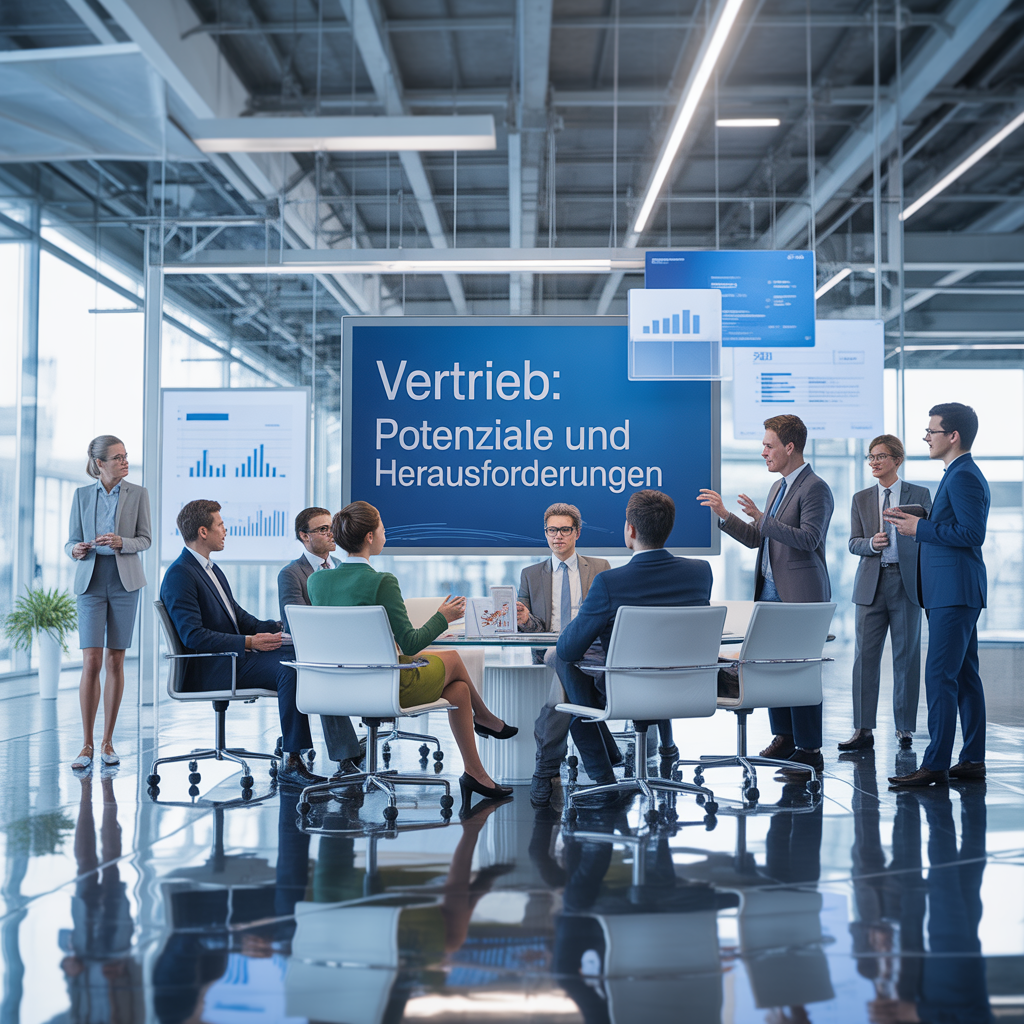 Strategiemeeting eines B2B-Vertriebsteams im technischen Mittelstand mit Präsentation zu Vertriebspotenzialen und Herausforderungen, digitale Kennzahlen und Charts im modernen Industrie-Umfeld.