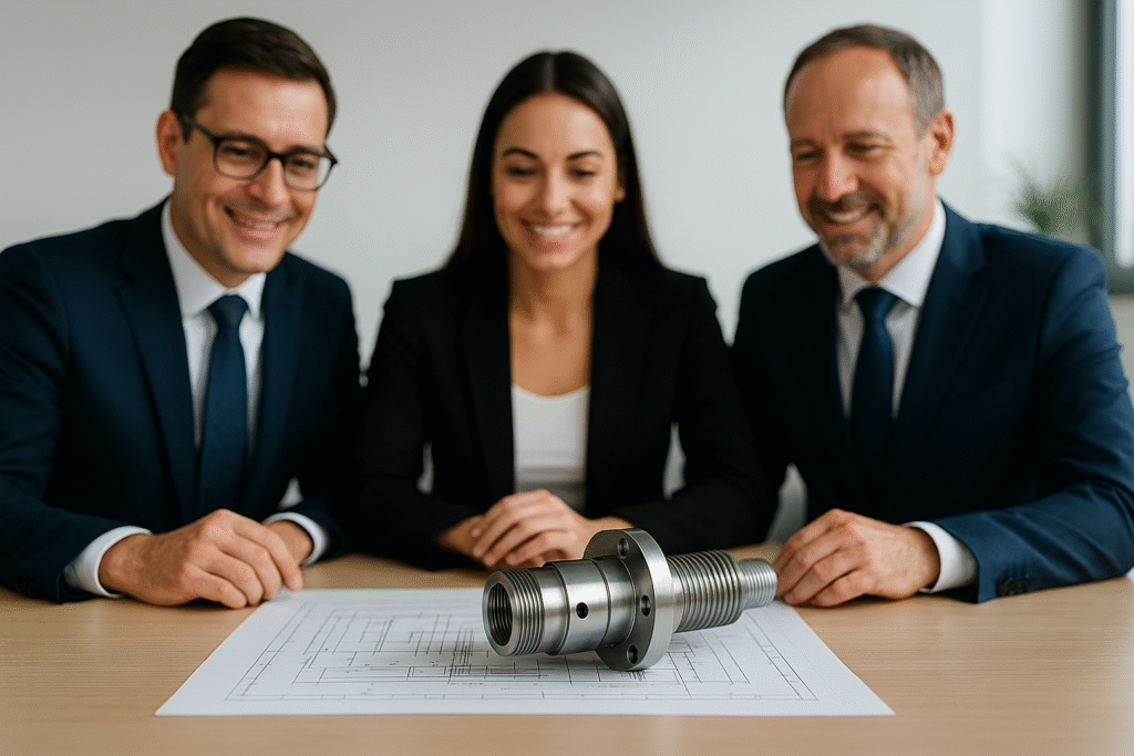 Engineering-Team begutachtet ein CNC-gefertigtes Drehteil auf einer technischen Zeichnung in einem modernen Meetingraum; Fokus auf High-Tech-Industrie, Präzisionsfertigung und professioneller Zusammenarbeit.