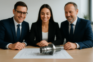 Engineering-Team begutachtet ein CNC-gefertigtes Drehteil auf einer technischen Zeichnung in einem modernen Meetingraum; Fokus auf High-Tech-Industrie, Präzisionsfertigung und professioneller Zusammenarbeit.